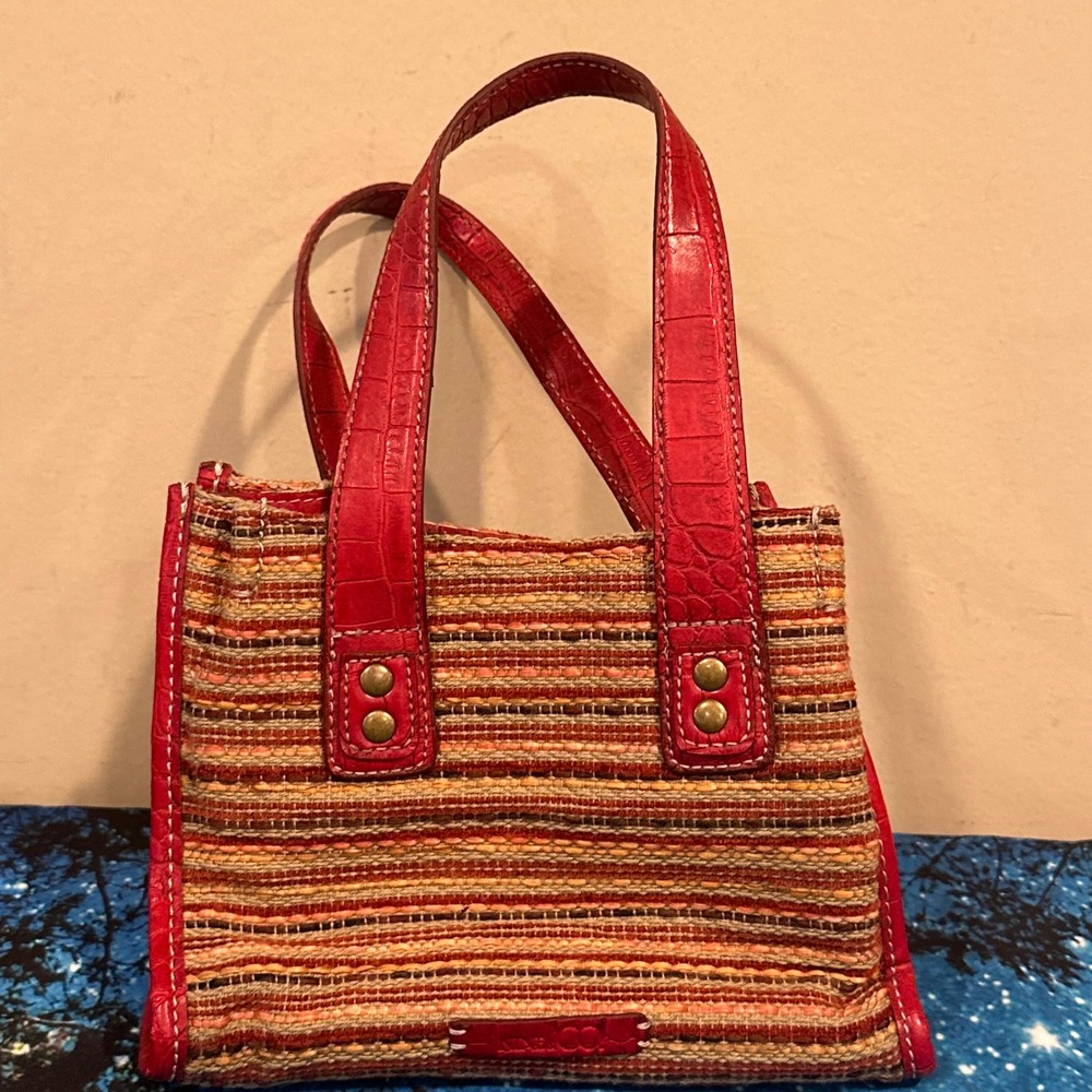 Jones New York Small Tote Bag Red Striped Woven Faux Croc Trim Handbag